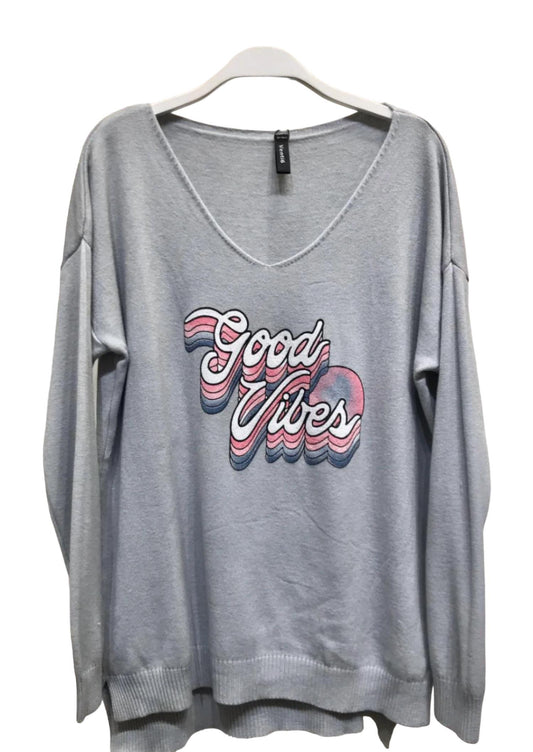 Good Vibes V Neck Long Sleeve Sweater Knit Top