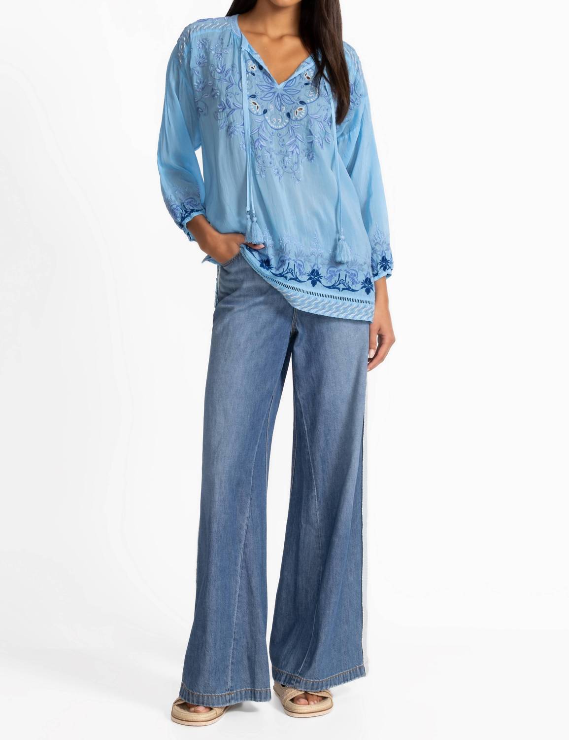 Johnny Was MARGOT BLOUSE in ethereal blue - women's blouse - detail view