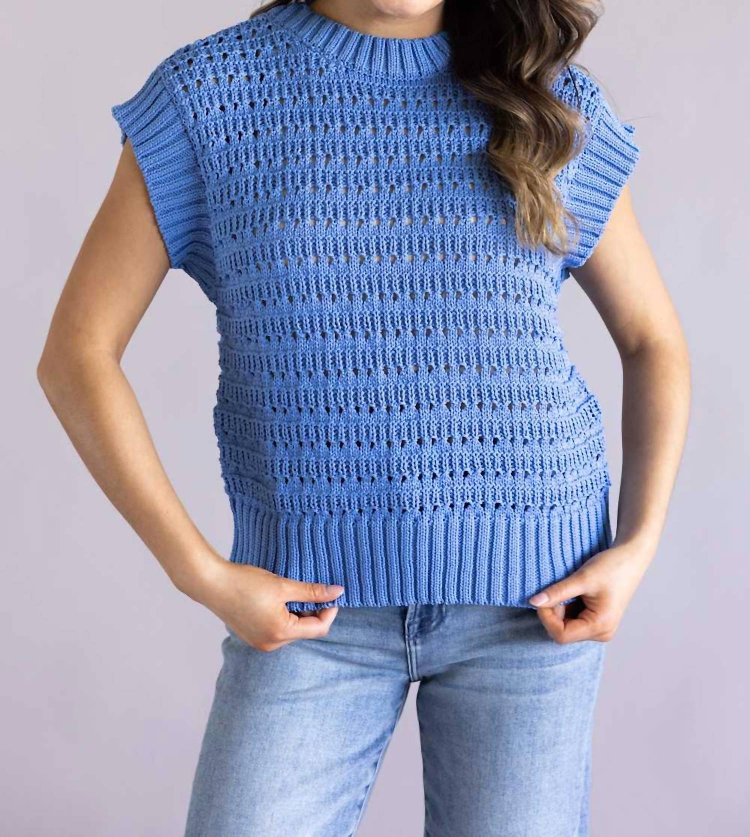 ELAN Short Sleeve Open Sweater in blue - women's jacket