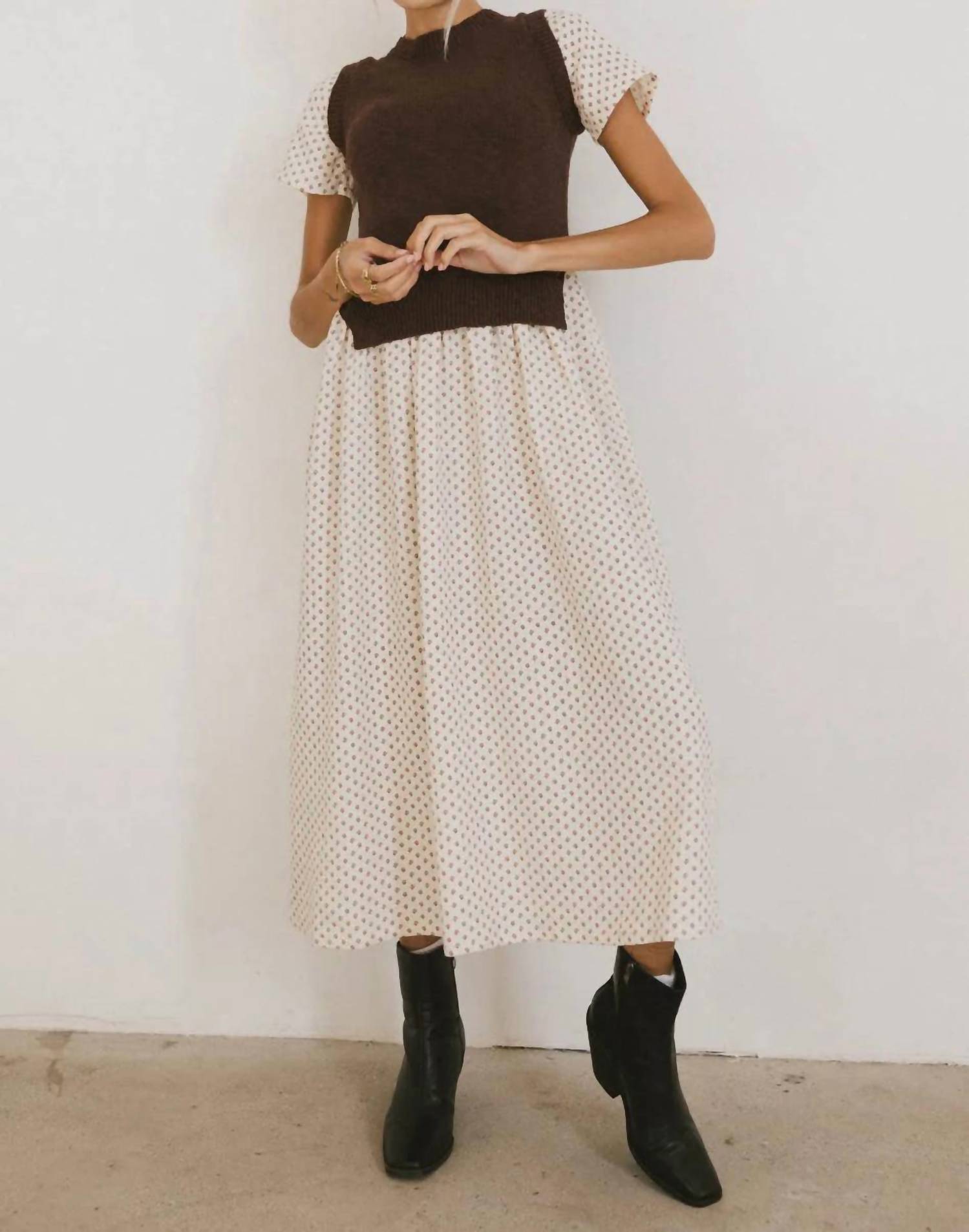 Things Between - Violette Mixed Knit Printed Sweater Dress
