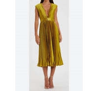 Mac Duggal - Pleated Cap Sleeve Satin Midi Dress