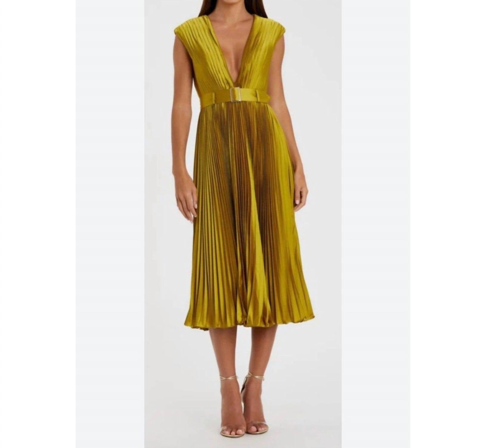 Mac Duggal - Pleated Cap Sleeve Satin Midi Dress