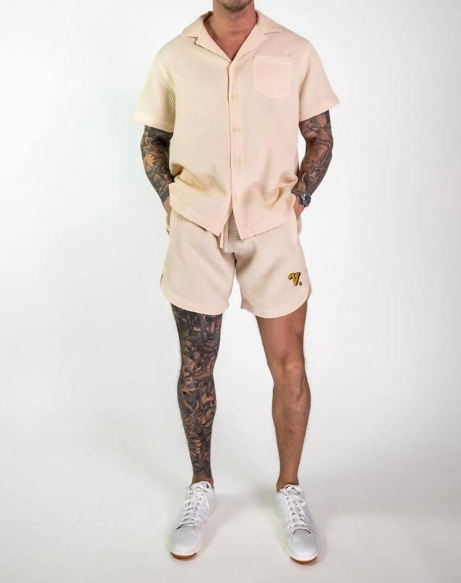 Vices & Co. Waffle Resort Short Sleeve Button Down Shirt in beige - men's shirt