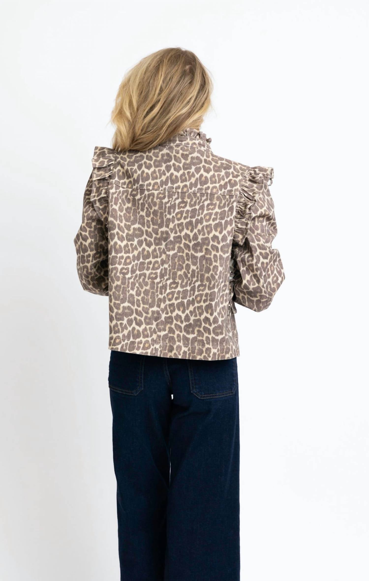 Karlie Denim Ruffle Jacket in leopard - women's jacket - detail view