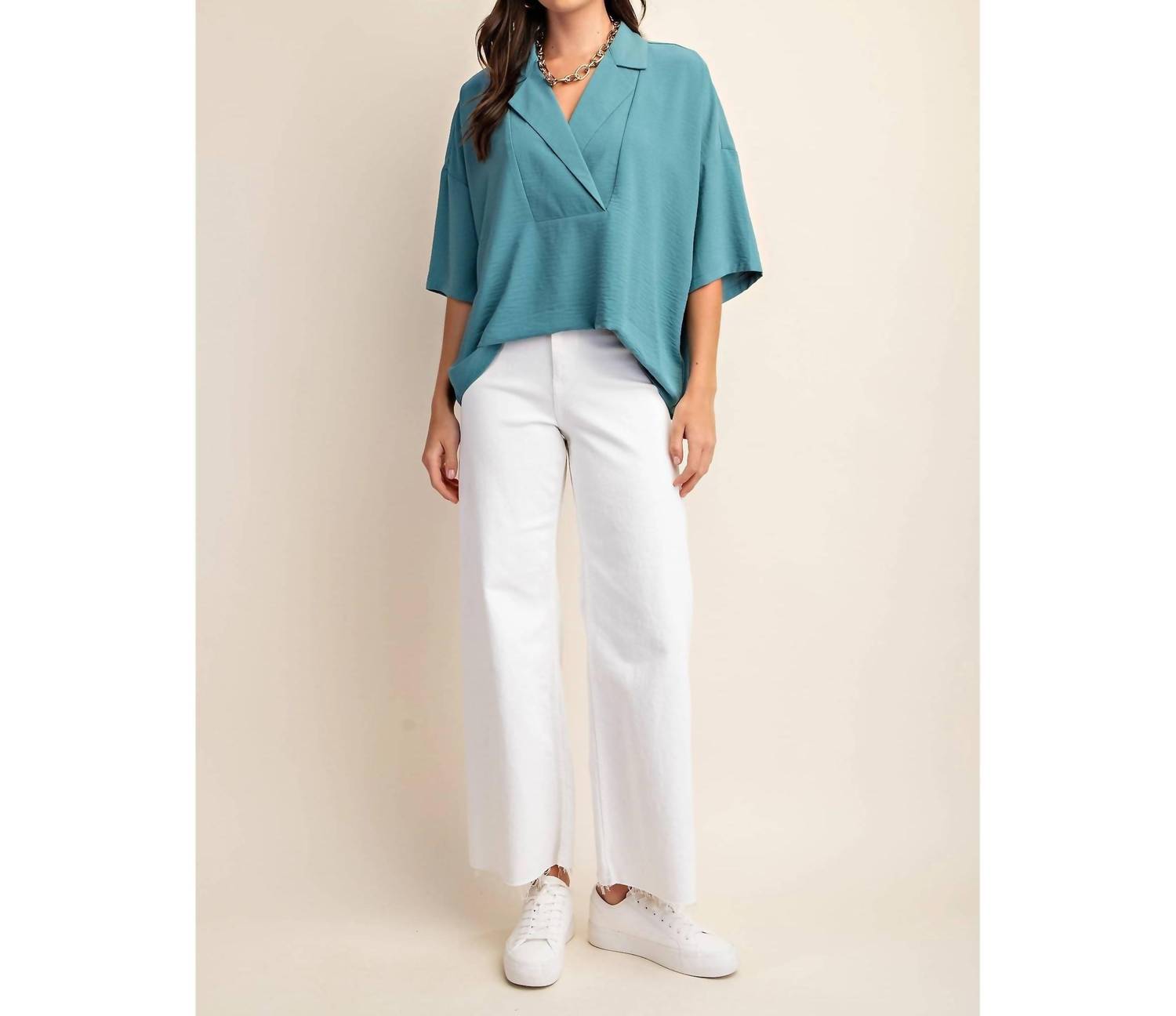 Style USA V-neck Collared Pop Over Top in teal - women's blouse