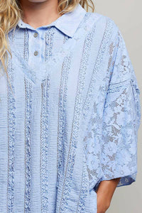 Pol - Lace Patch Solid Lightweight Short Sleeve Collared Knit Top