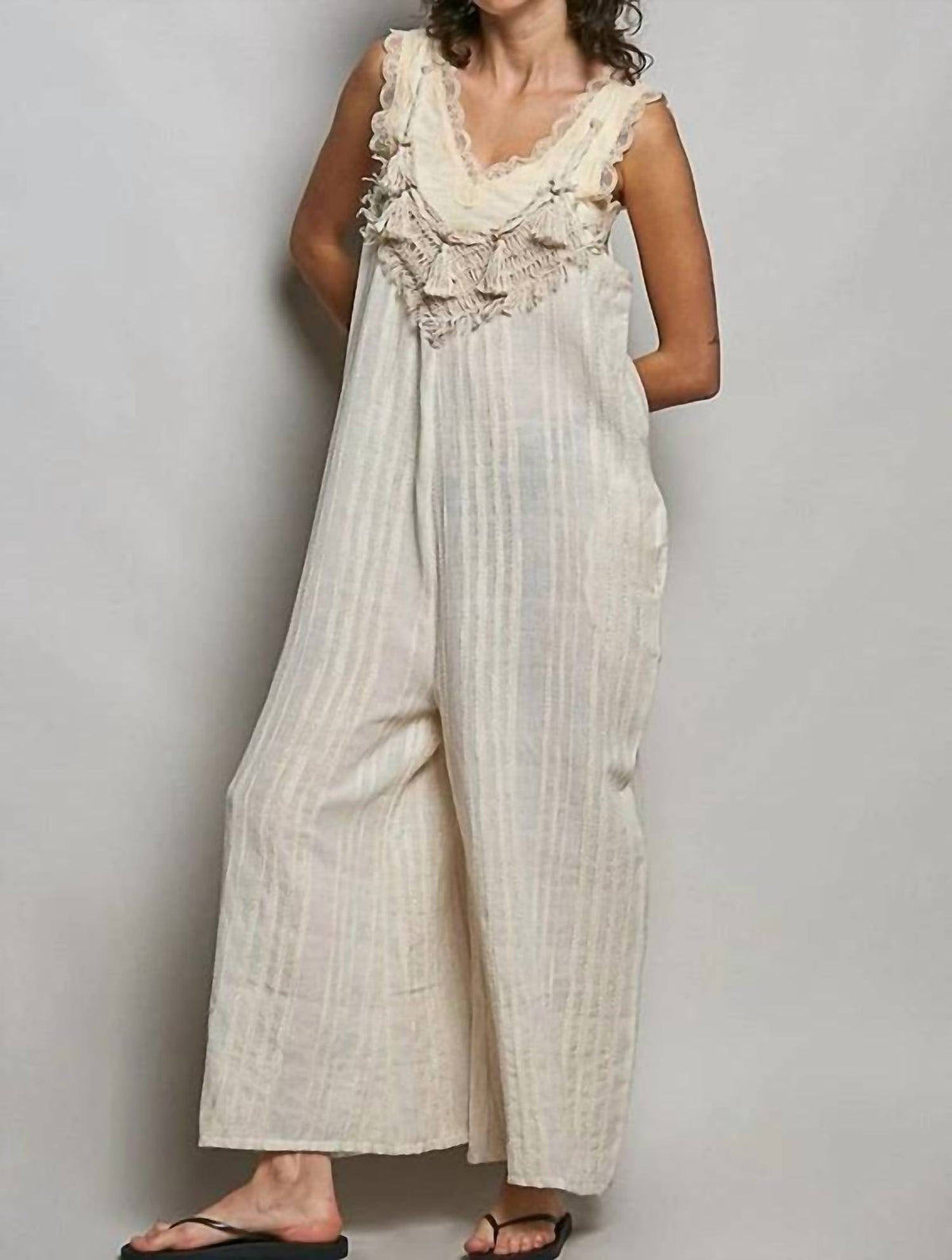 Pol - Women's Artisan Stripe Cotton Tassel Raw Edge Jumpsuit