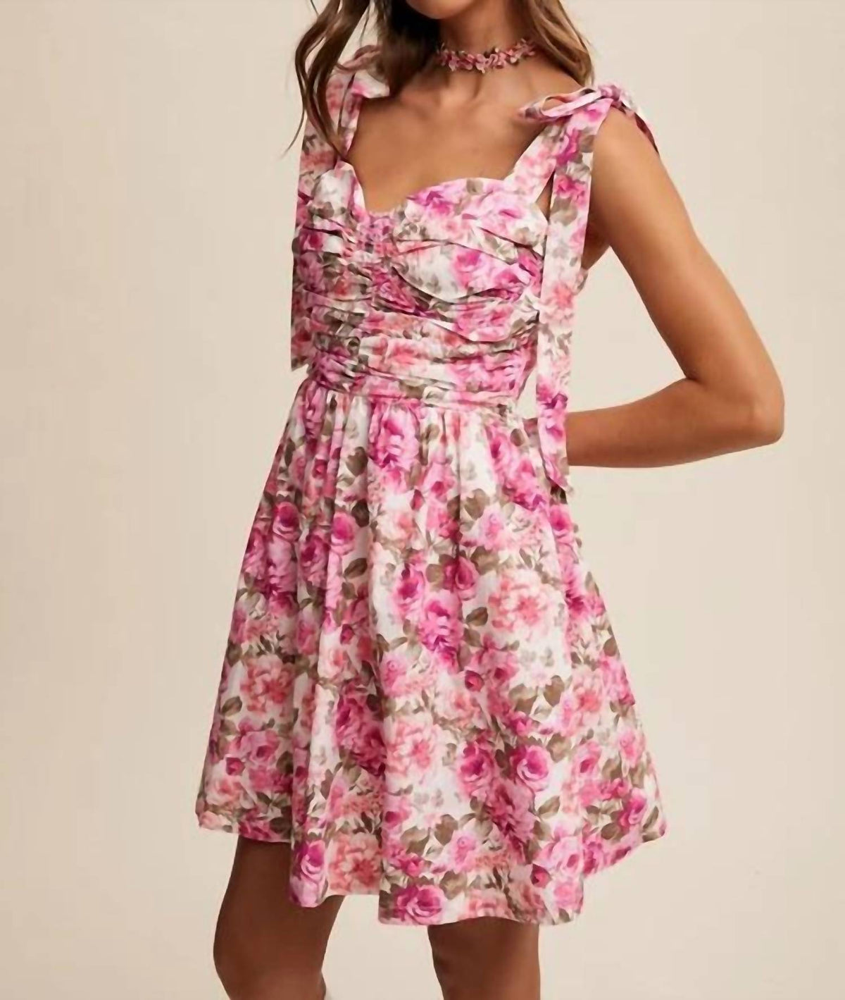 Listicle - Flower Print Bustier Tie Shoulder Dress