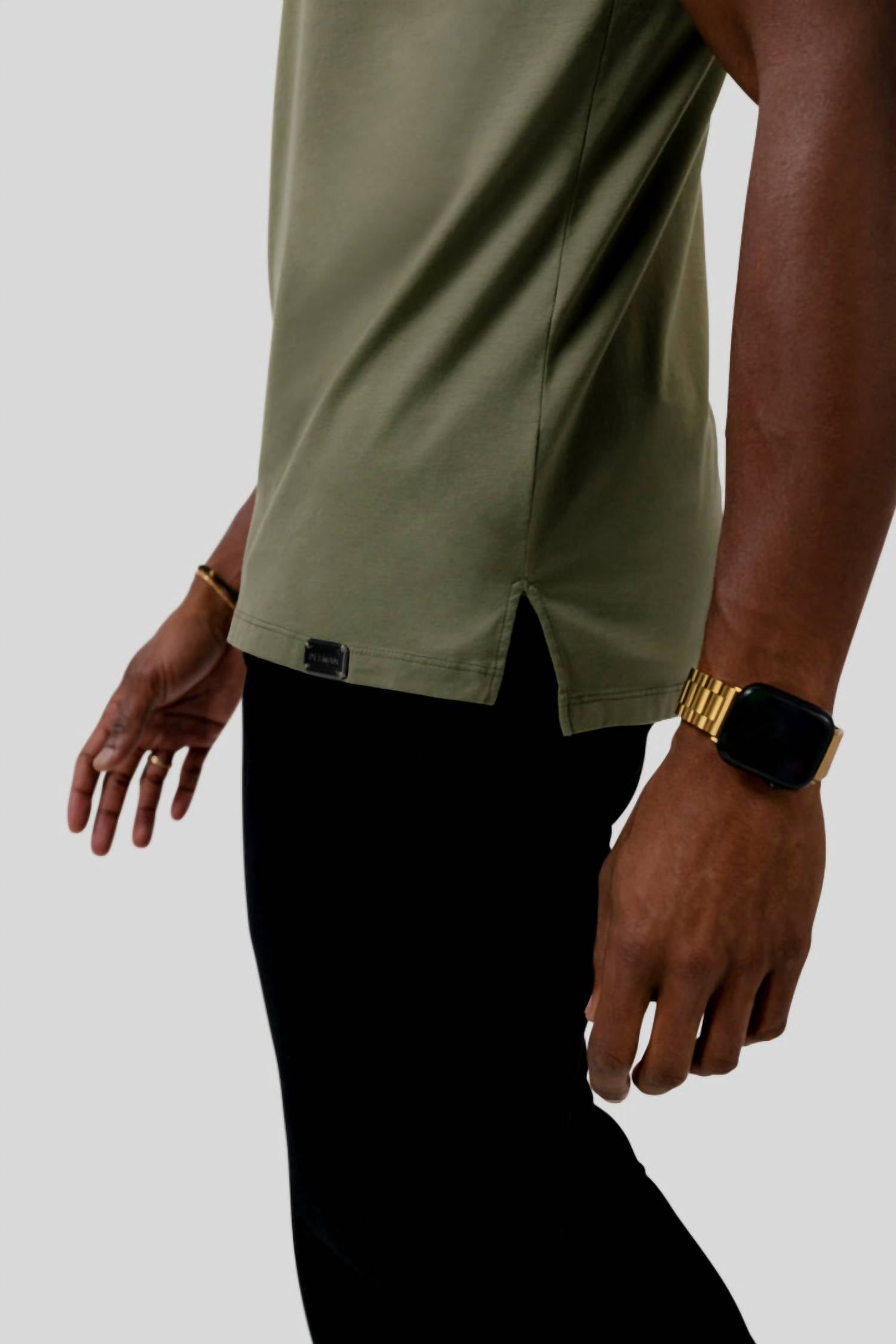 Dezman V-neck Split Hem Tee in army - men's t-shirt - alternate view