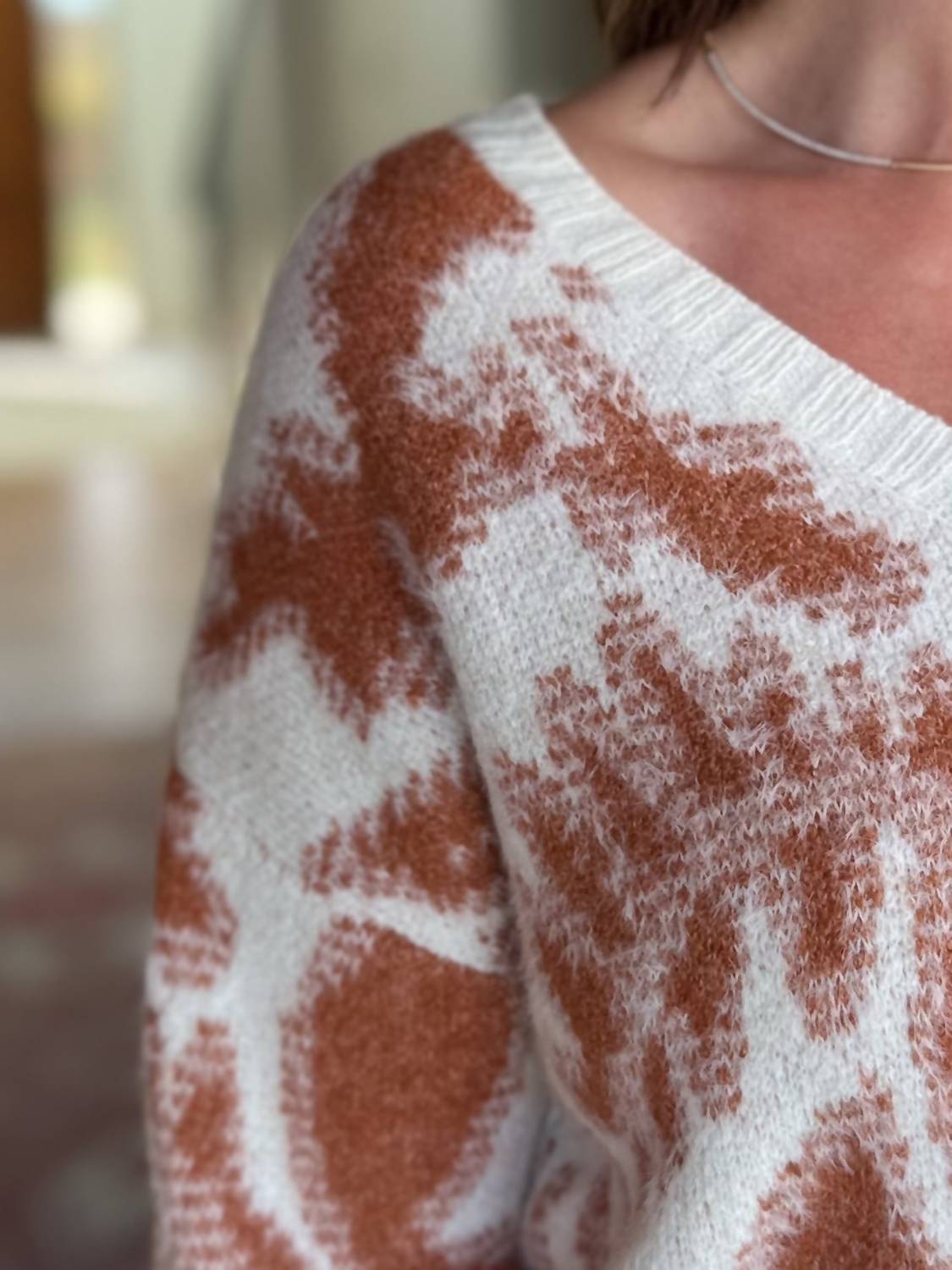 TRIBAL V-neck Weather Sweater in rust and white - women's sweater - alternate view