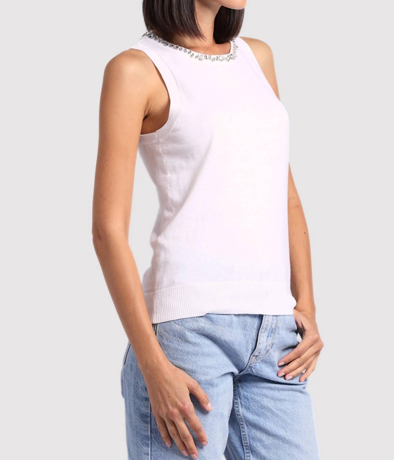 Minnie Rose Jewel Neck Tank Top in white - women's tank top - detail view