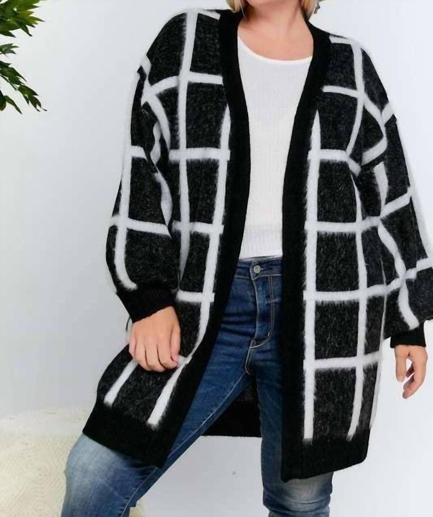 Davi & Dani - Plaid Fit Knit Long Cardigan - Plus