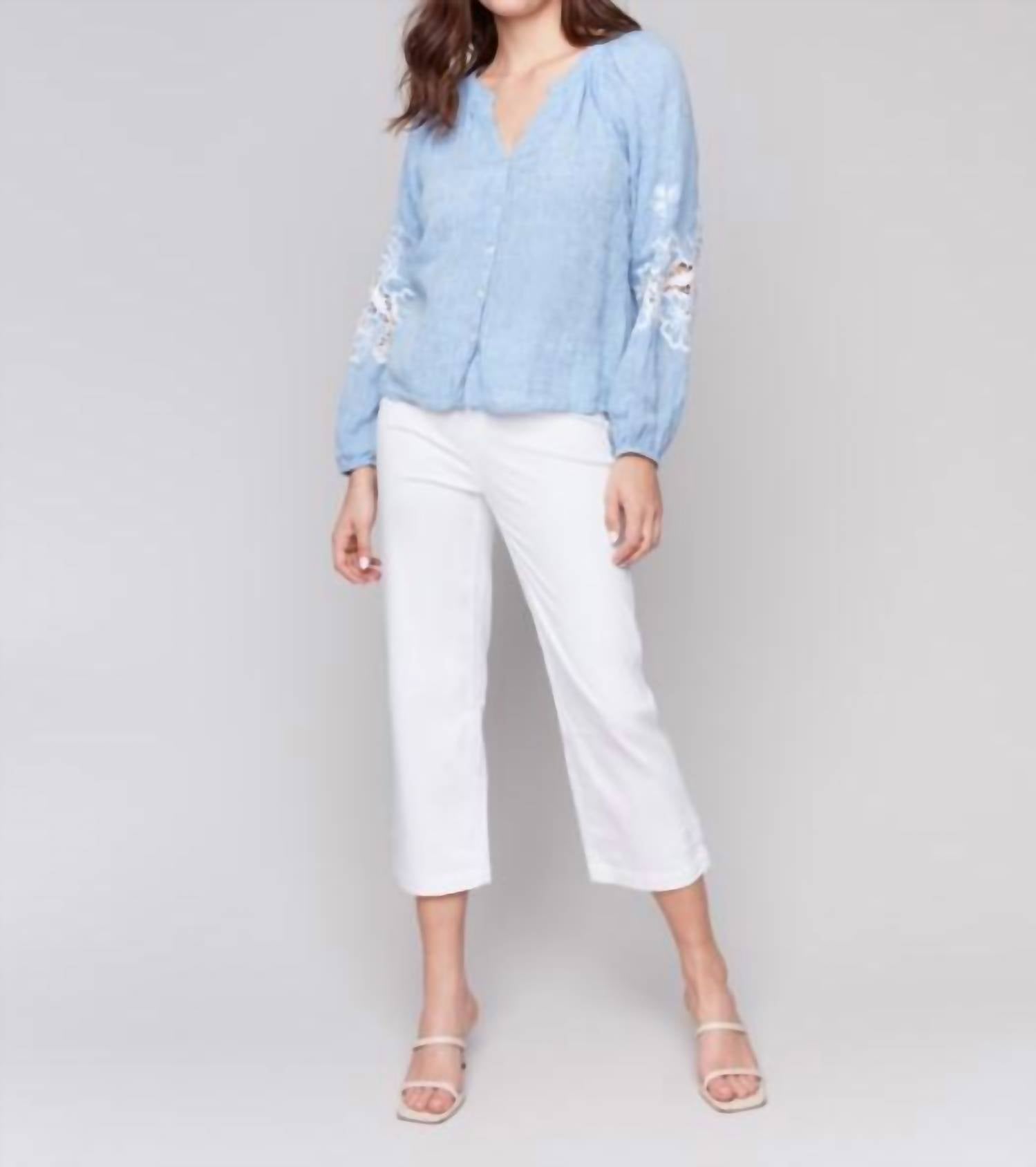Charlie B - Cotton-linen Button-front Blouse With Embroidery