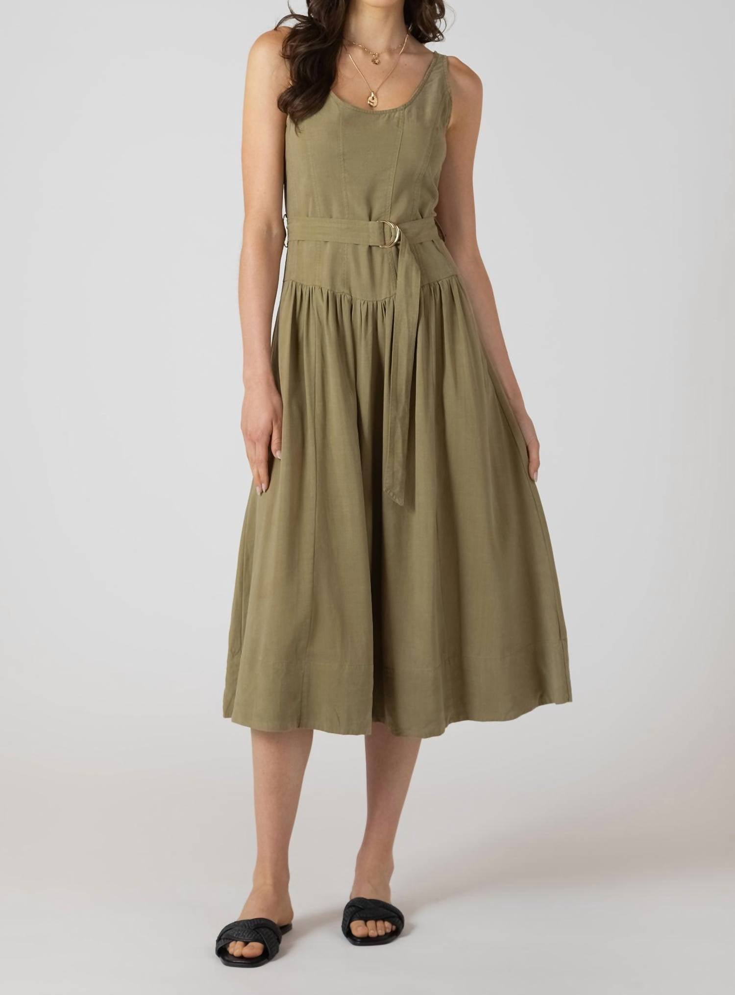 Dex Drop Waist Belted Midi Dress in dusty sage - women's dress