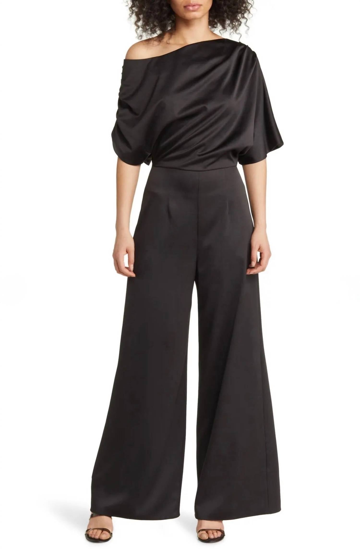 ELLIATT Amari Off Shoulder Wide Leg Satin Jumpsuit in black - women's pants