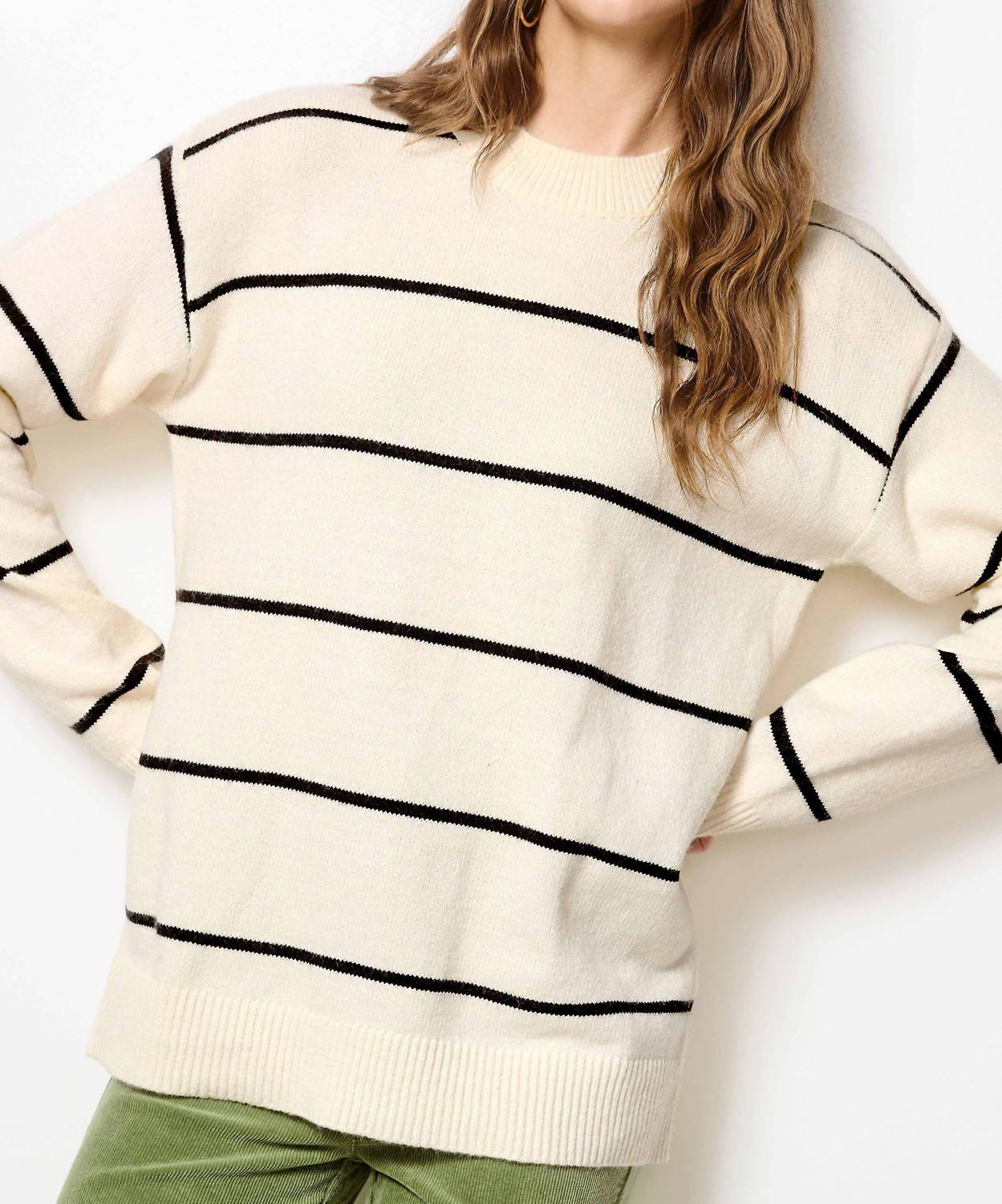 LA MIEL Loose Fit Stripe Long Sleeve Crew Sweater in powder - women's sweater - view 4
