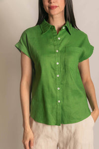 P.CILL Women's Linen Relaxed Short Sleeve Button Up Shirt in grass green - women's shirt