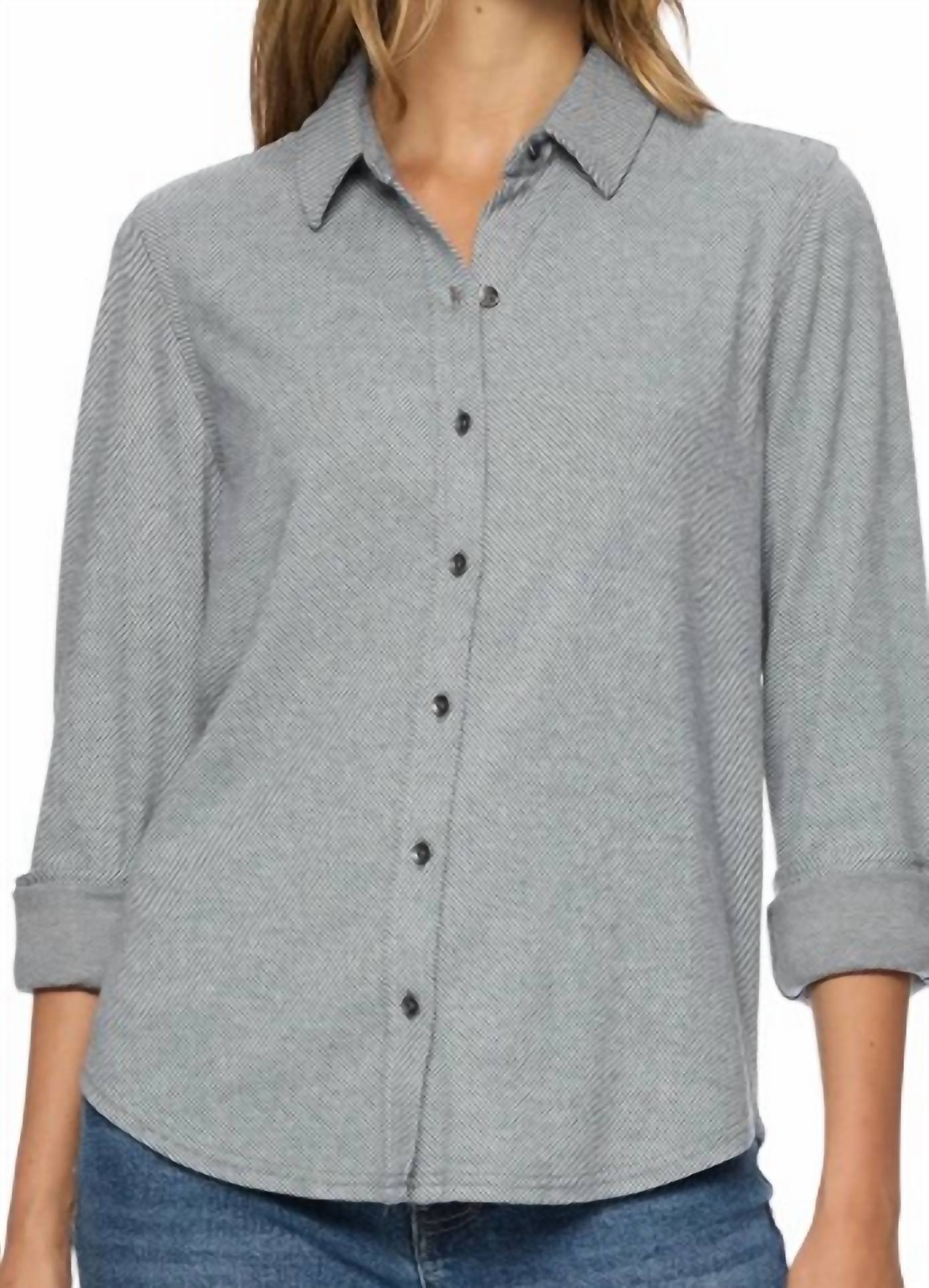 Flags & Anthem Lilly Knit Flannel Shirt in grey - women's long sleeve top - detail view