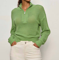 Sanctuary Open Knit Quarter Zip Sweater in detox green - women's sweater - detail view