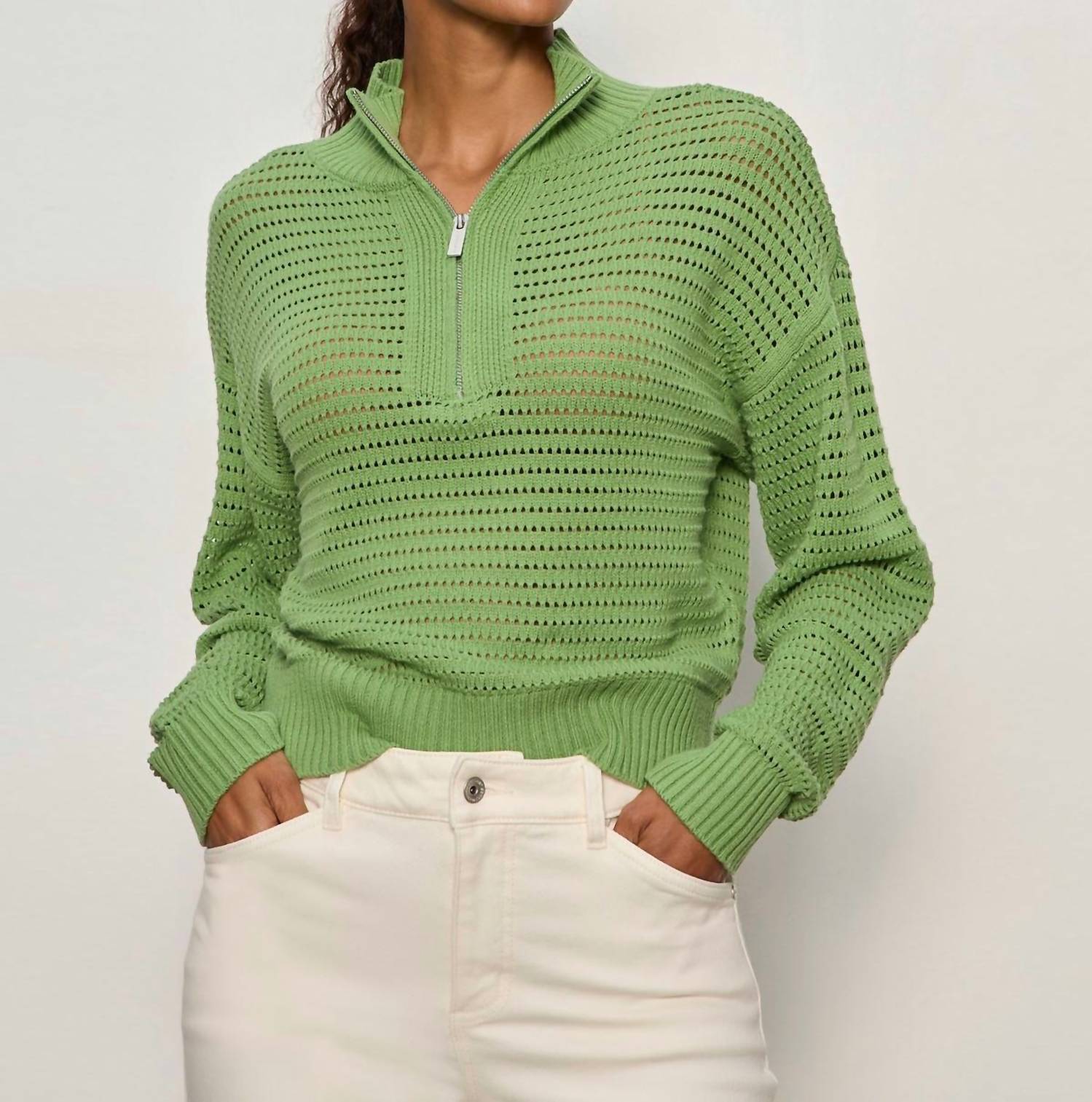 Sanctuary Open Knit Quarter Zip Sweater in detox green - women's sweater - detail view