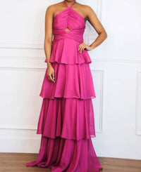 Maniju - Gabriela High Neck Tiered Ruffle Shimmer Maxi Dress