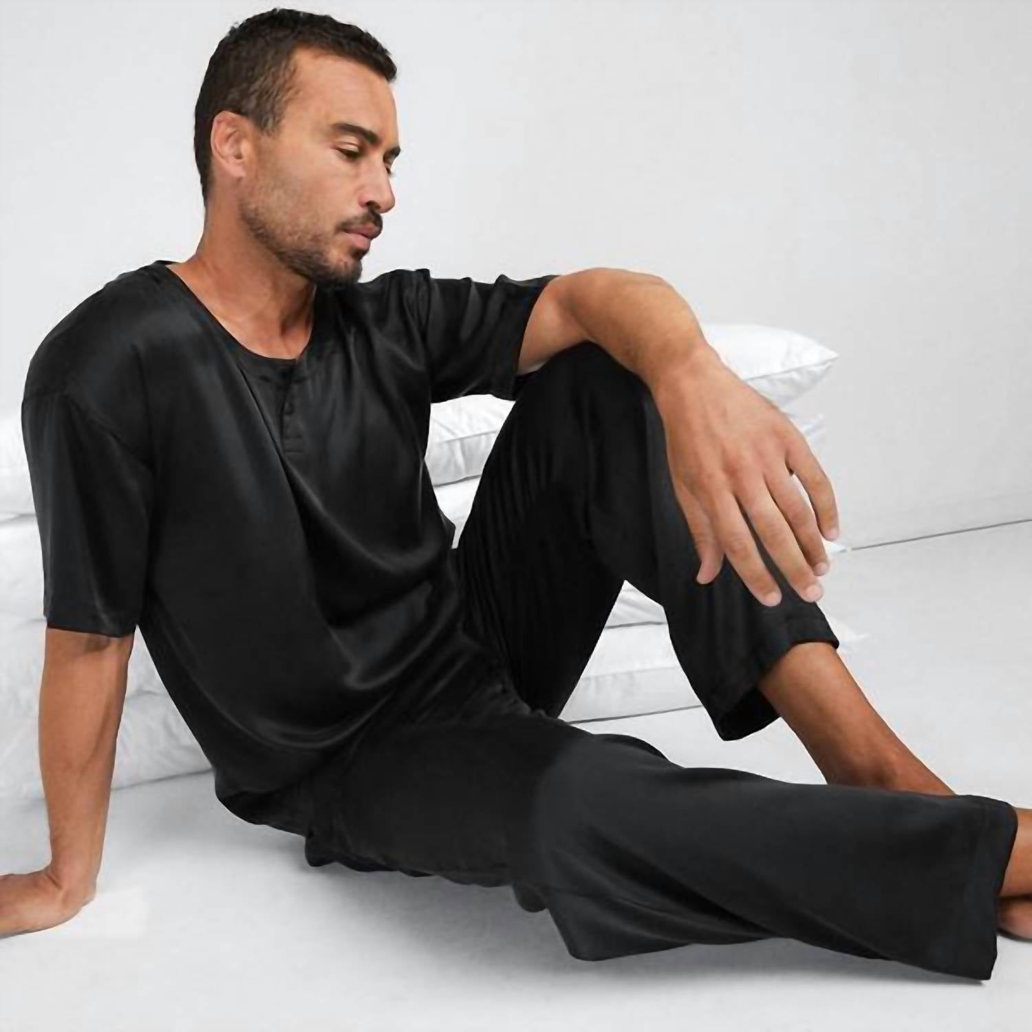 Lunya Men's Silk Set in black 1 - men's t-shirt - alternate view