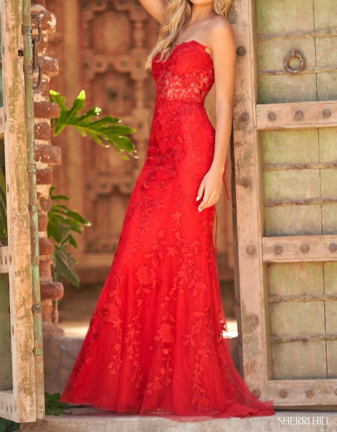 Sherri Hill Leaf Lace Embroidered Prom Dress - women's dress - detail view