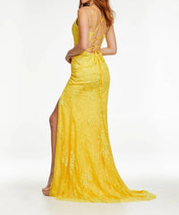ASHLEYlauren Luscious Lace Gown With Slit in yellow - women's dress - detail view