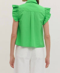 Entro - Collared Ruffle Sleeve Bow Tie Blouse with Eyelet Lace