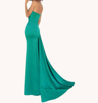 Tarik Ediz - Strapless Draped Cowl Satin High Slit Gown