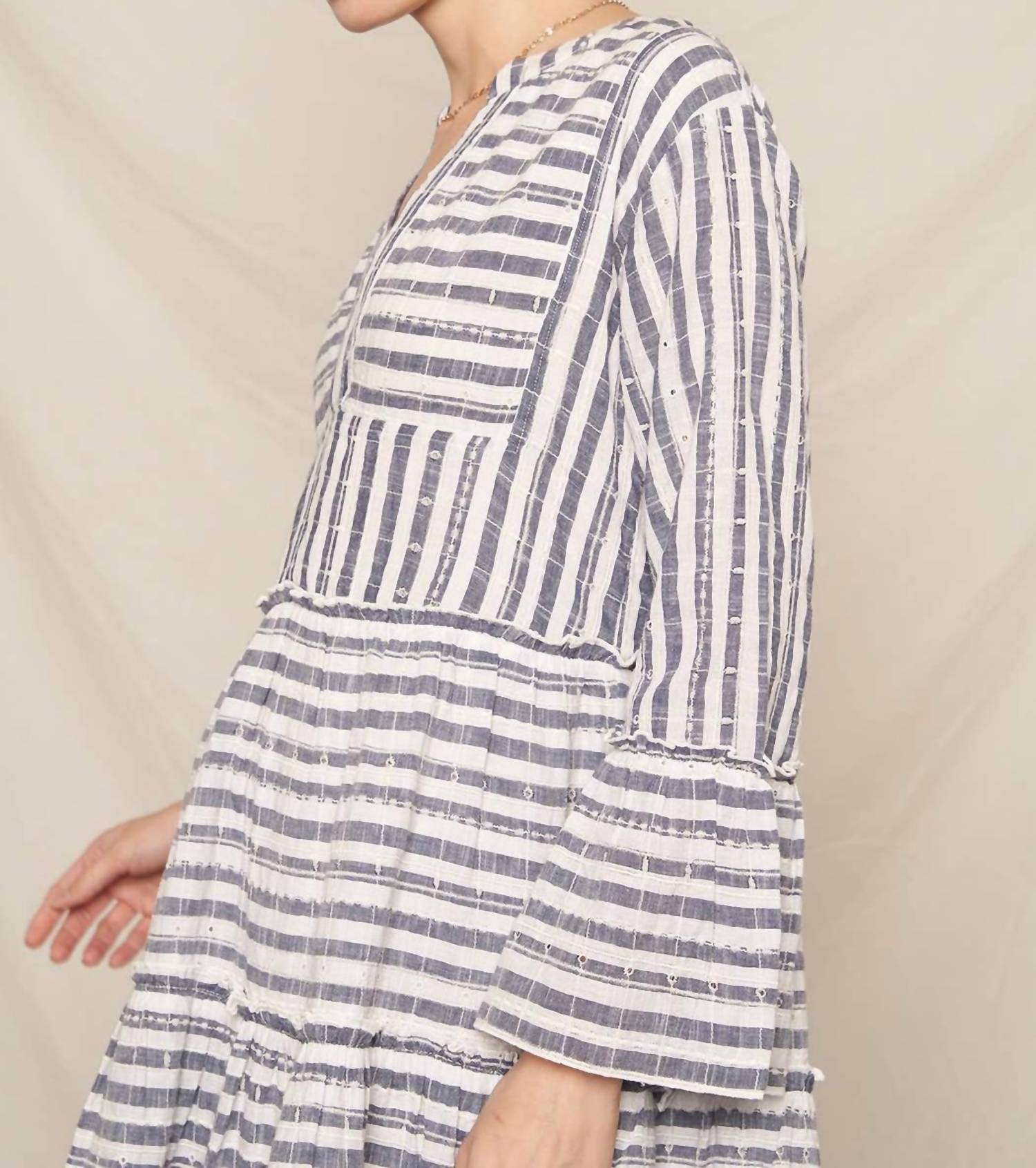 En Creme - 3/4 Sleeve Striped Tiered Mini Dress