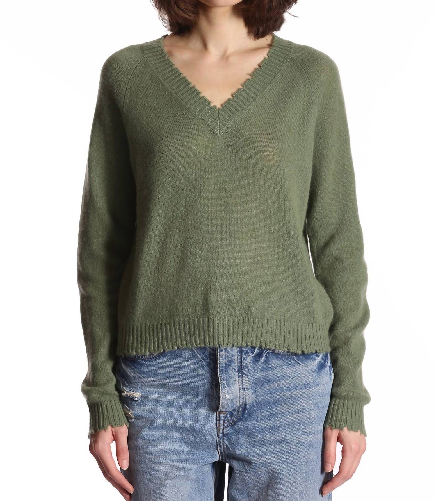 Minnie Rose - Cashmere Frayed Edge Cropped V-neck Sweater