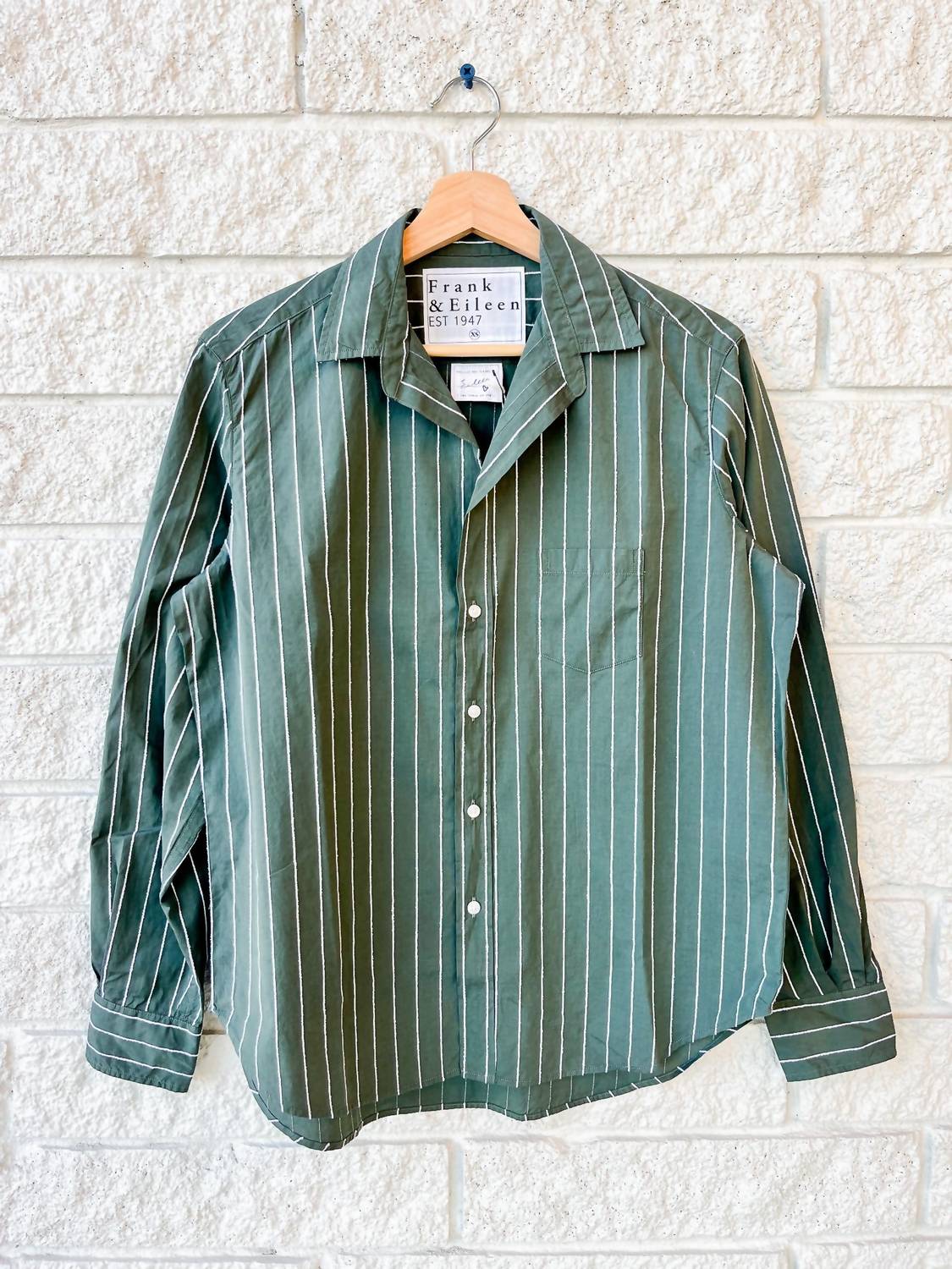 Frank & Eileen Women's Eileen Relaxed Button Up Shirt in green white textured stripe - women's shirt - detail view