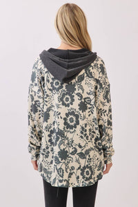 Bombom - Floral Ribbed Knit Hoodie Shacket