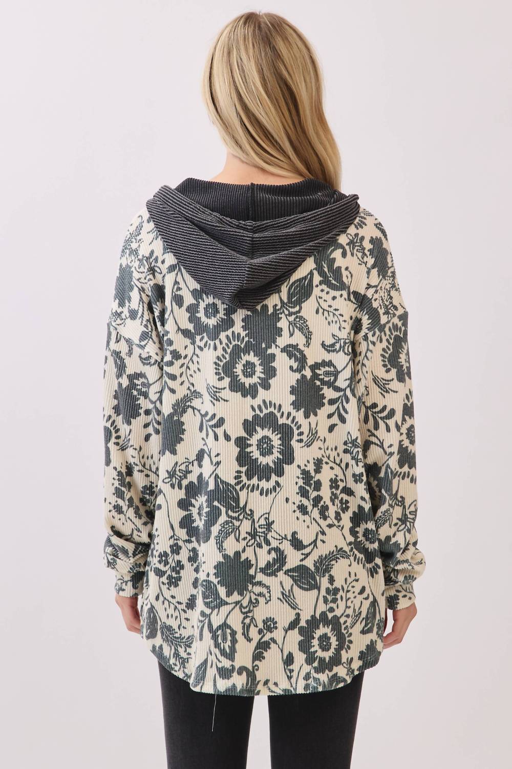 Bombom - Floral Ribbed Knit Hoodie Shacket
