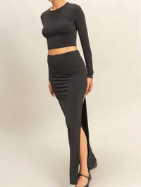 Double Zero - 2 Piece Long Sleeve Crop Top & High Slit Maxi Skirt Set
