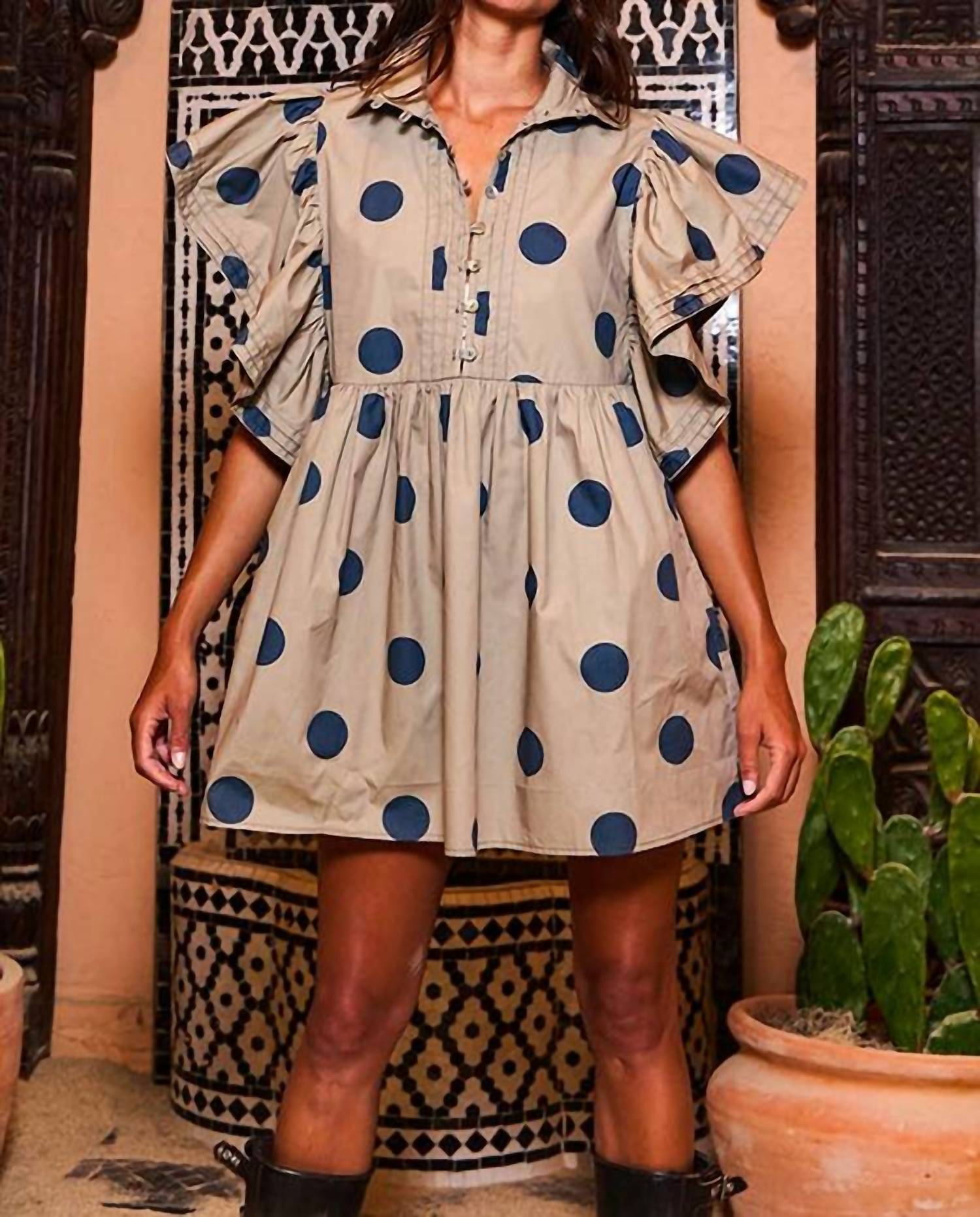Bucketlist - Ruffle Sleeve Pintuck Detail Polka Dot Mini Dress