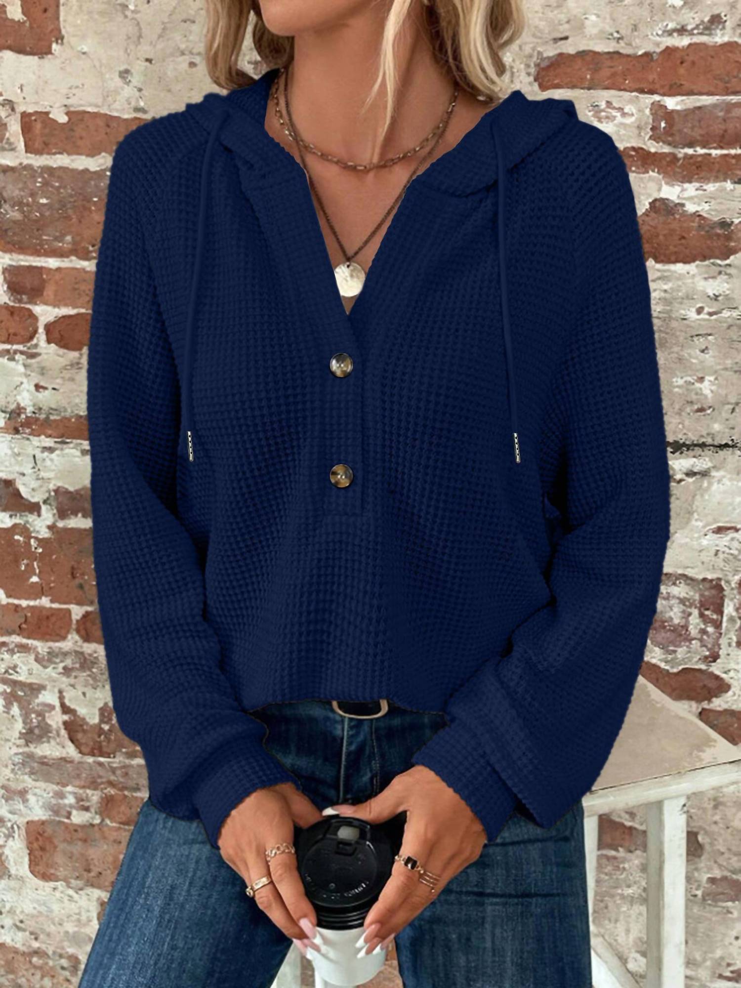 Lily Clothing Waffle Button-up Hoodie Pullover in navy - women's top