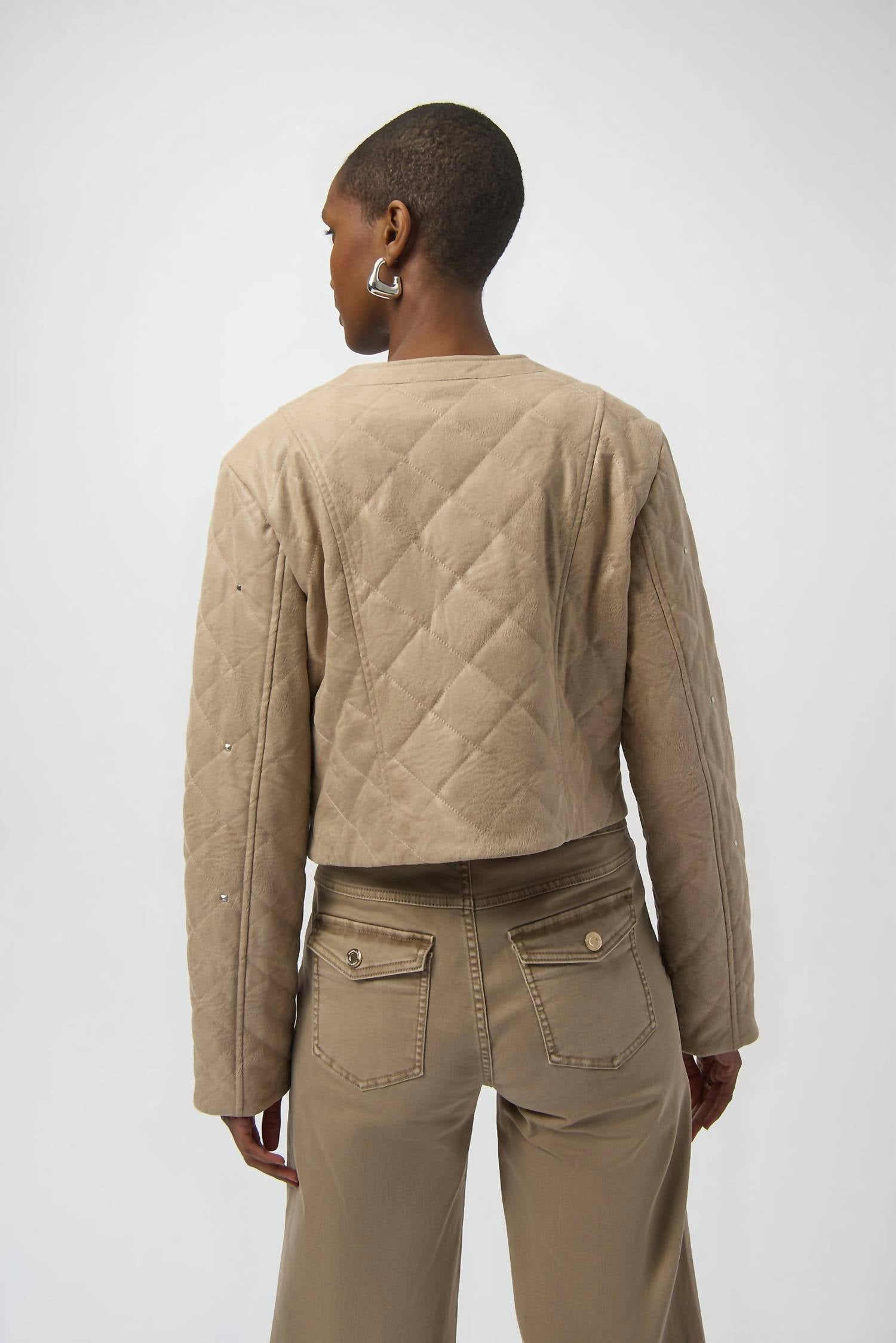 Joseph Ribkoff Diamond Quilt Studded Jacket in fawn - women's jacket - detail view