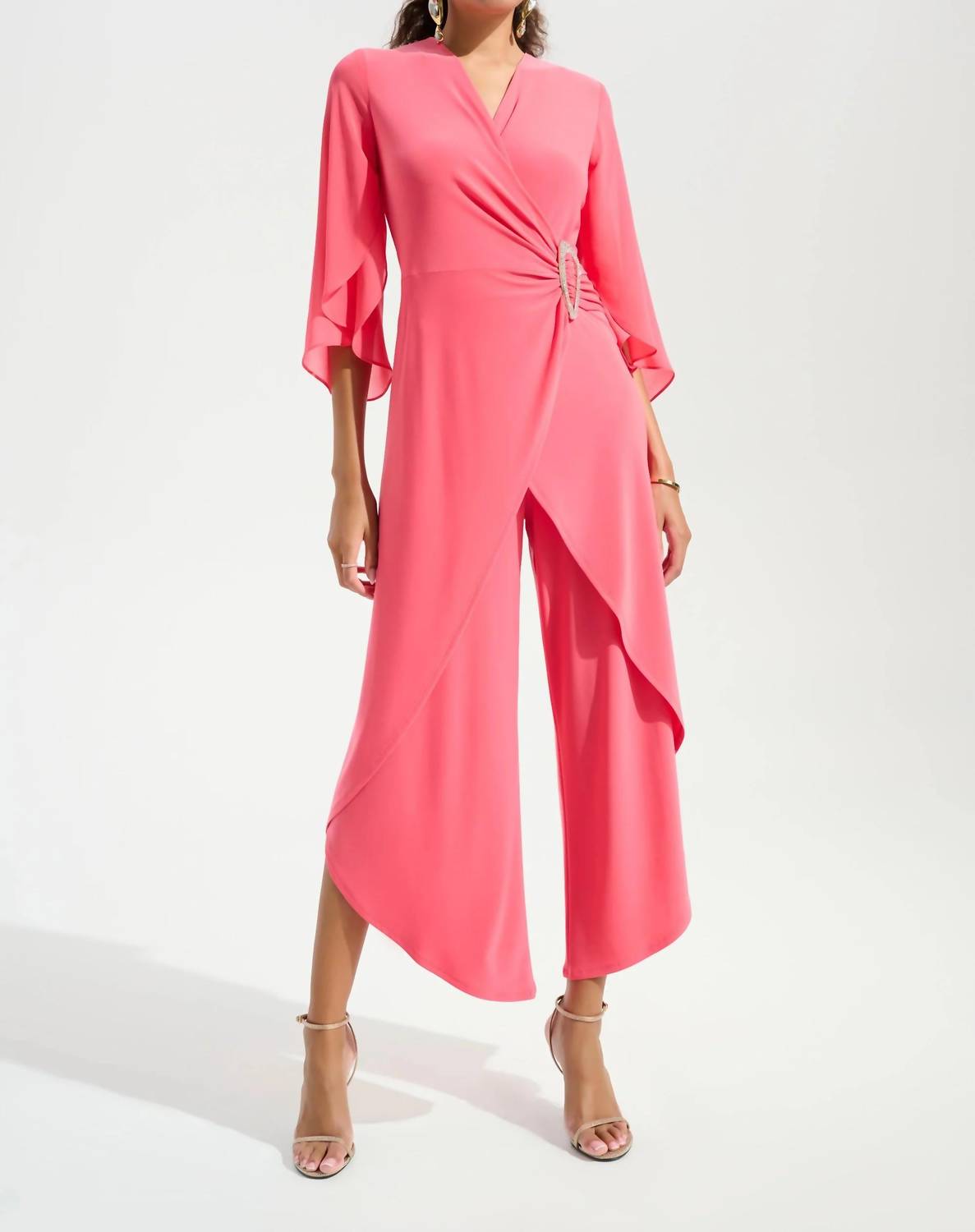 Joseph Ribkoff - Chiffon Sleeves Wrap Tulip Wide Leg Jumpsuit