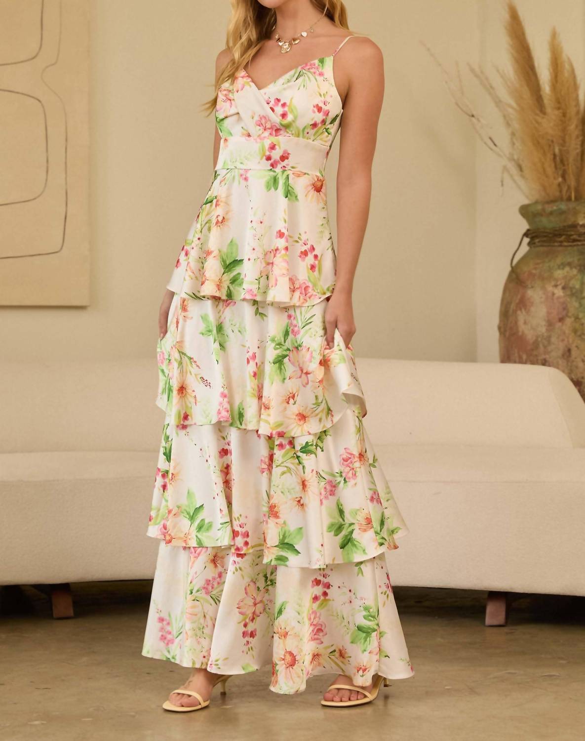 Skies Are Blue - Floral Print Tiered Maxi Dress