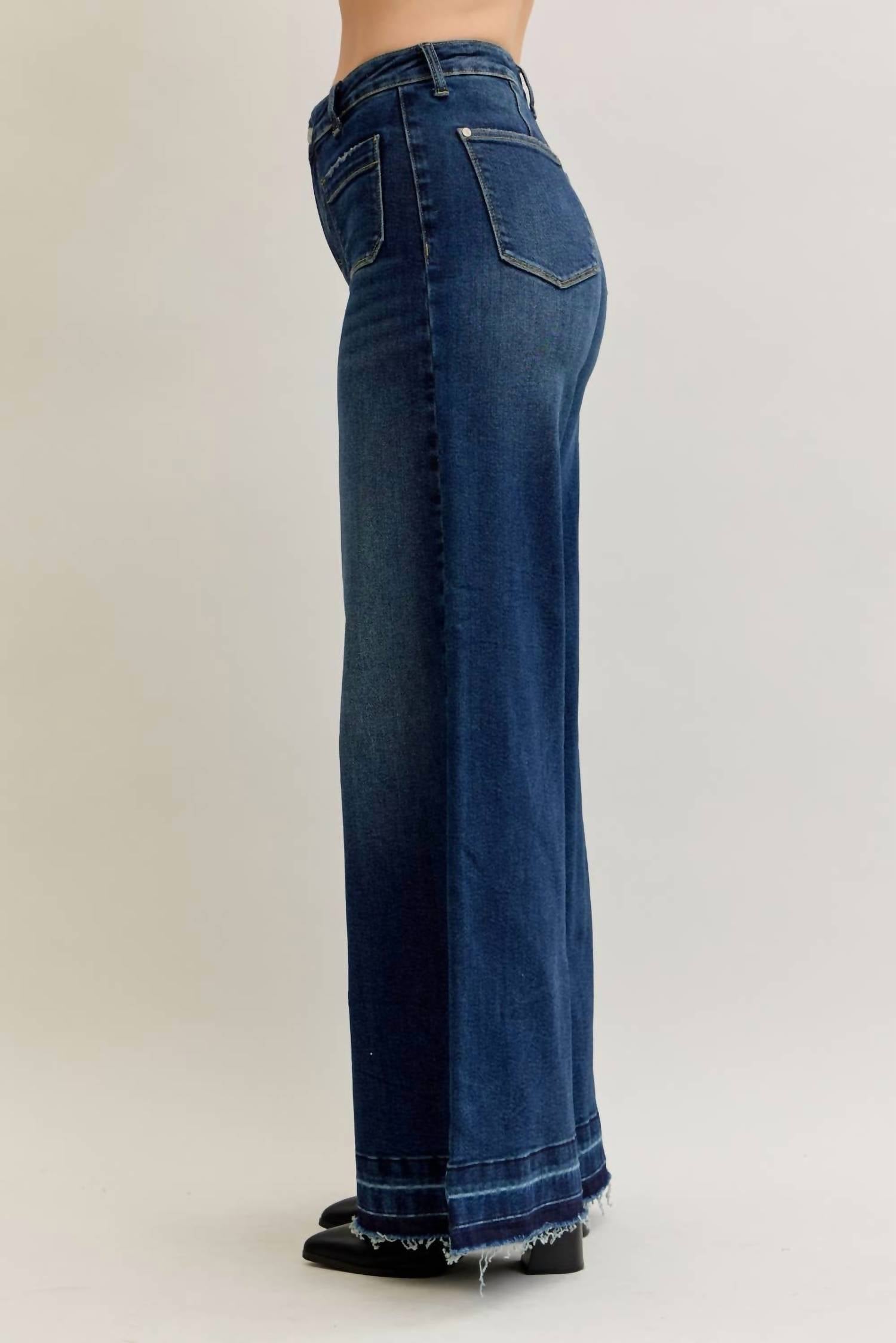 Judy Blue High Waist Palazzo Front Patch Pockets Jeans in dark wash - women's jeans - view 5
