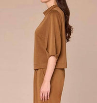Democracy - Pleated Elbow Sleeve Mock Neck Cropped Hem Knit Top