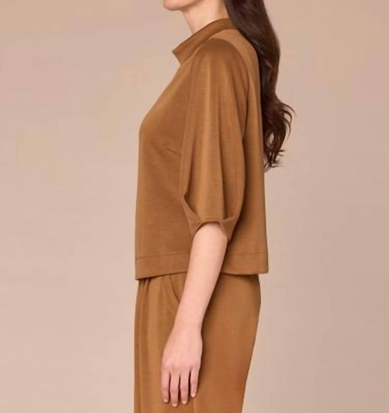 Democracy - Pleated Elbow Sleeve Mock Neck Cropped Hem Knit Top