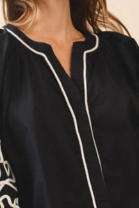 TCEC Embroidered Puff Sleeve Blouse in black ivory - women's blouse - detail view