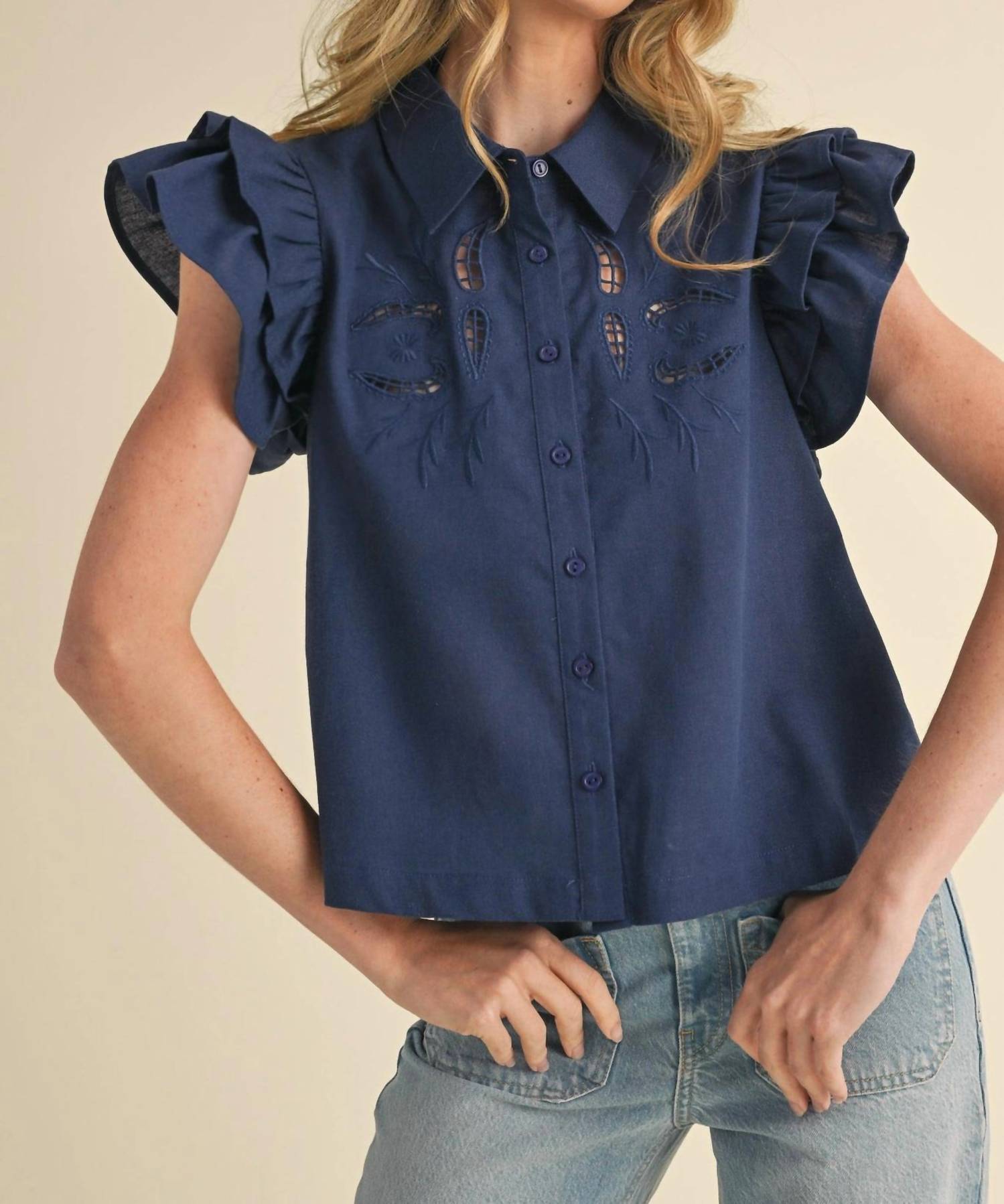 Merci - Embroidered Cut Out Button Down Top