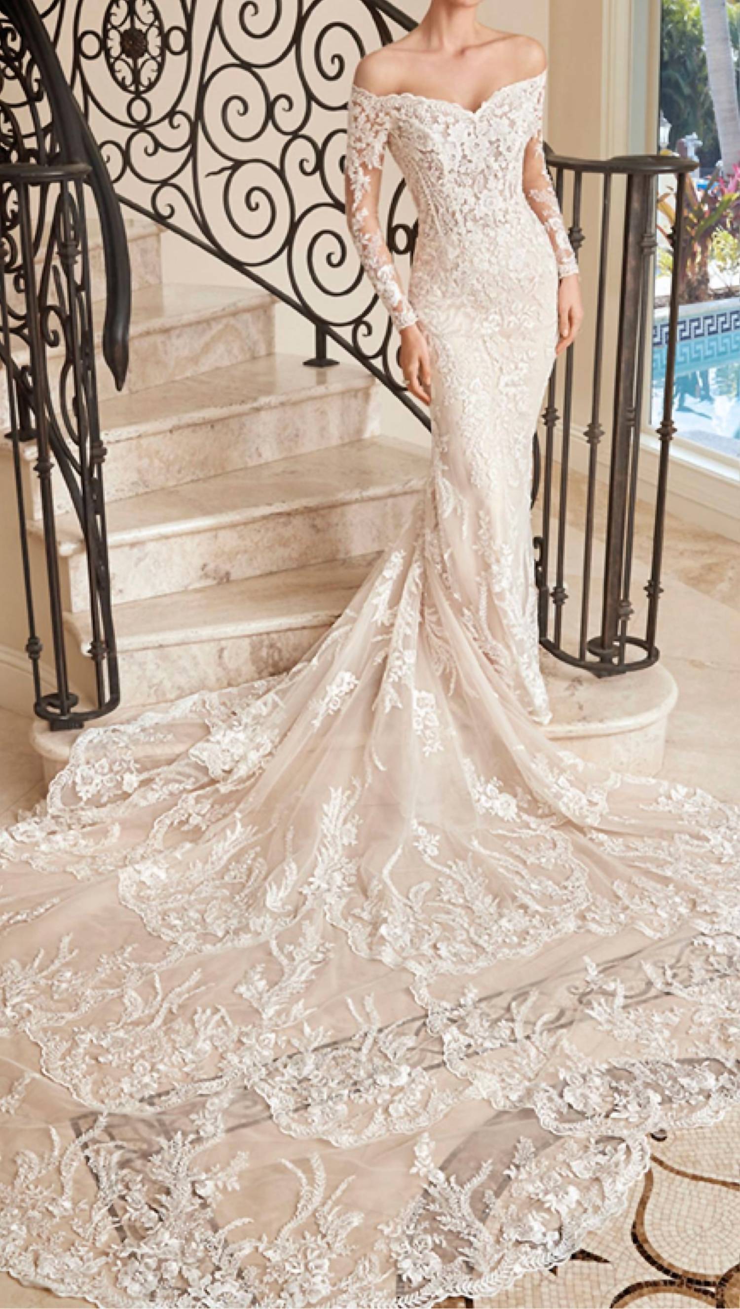 Demetrios - Lace Embellished Sheer Gown