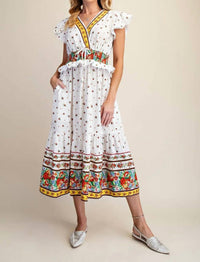 Easel - Floral Border Print Cap Sleeve Midi Dress