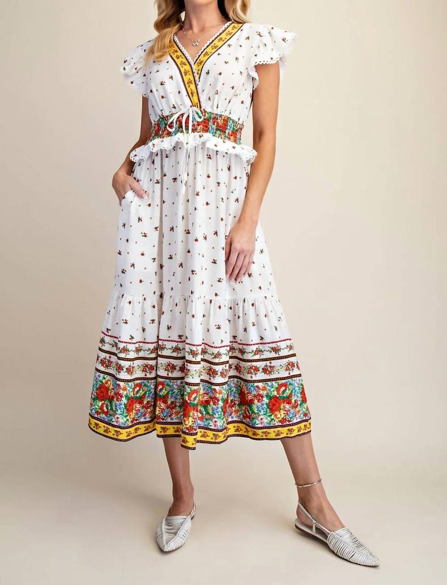 Easel - Floral Border Print Cap Sleeve Midi Dress
