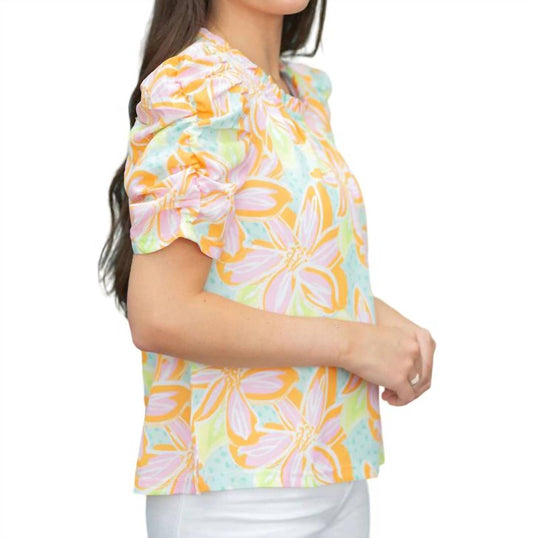 Michelle Mcdowell - Ruched Puff Sleeve Print Top